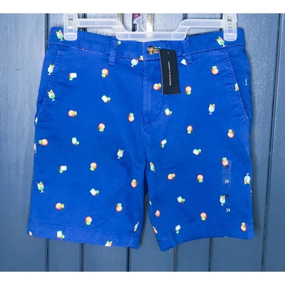 New Tommy Hilfiger Blue Cocktail Print Shorts Size 29 Preppy Whimsical Novelty